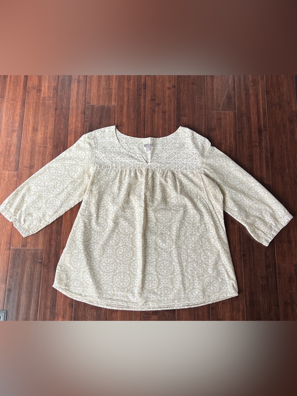 J Jill Flowy Boho Peasant Top Blouse 3/4 Sleeve Tan White Sz Medium Lightweight